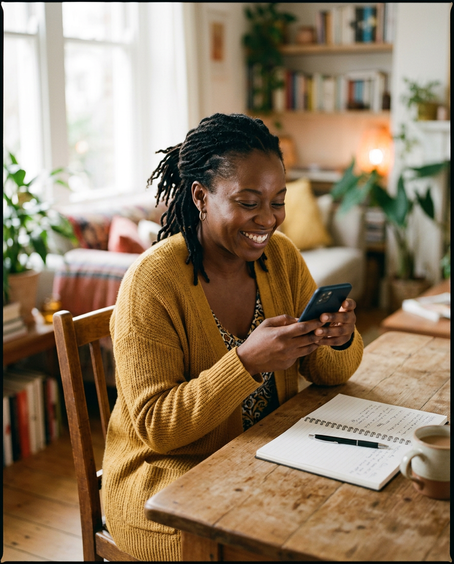 A woman smiling as she studies on her phone at a wooden table